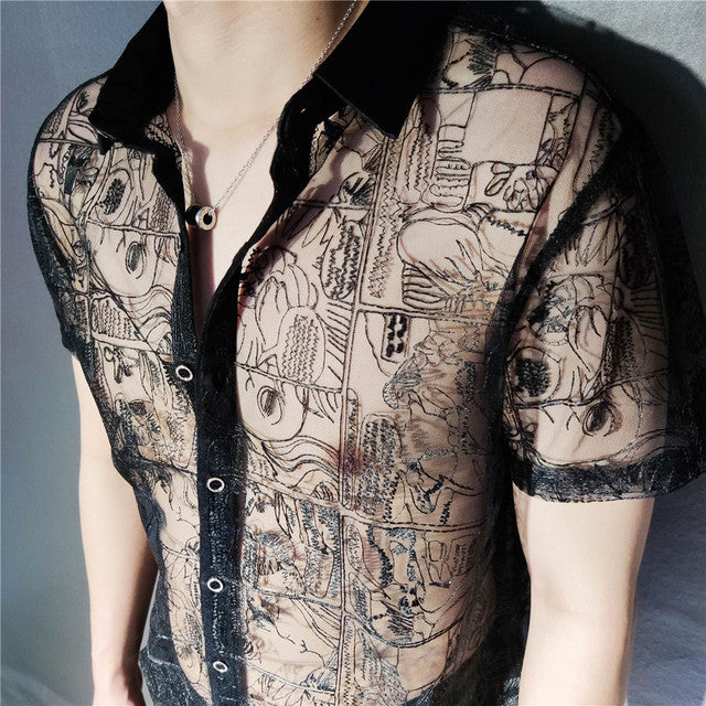 Black Abstract Embroidery See-Through Shirt