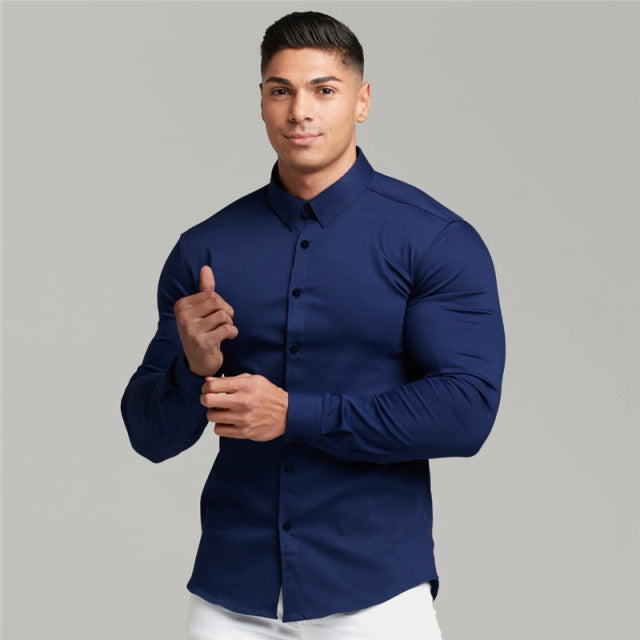 Muscular Solid Fit Casual Long Sleeve Shirt