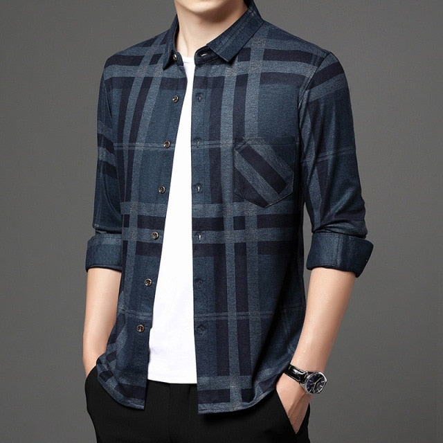 Plaid Big Striped Pattern Printed Long Sleeve Shirt