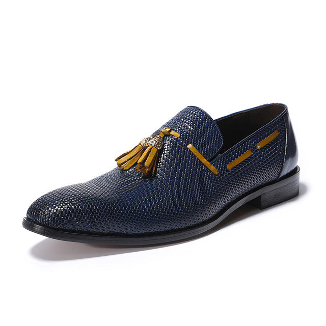 Blue Pattern Men Leather Loafers Shoe with Brown Tassel - FanFreakz