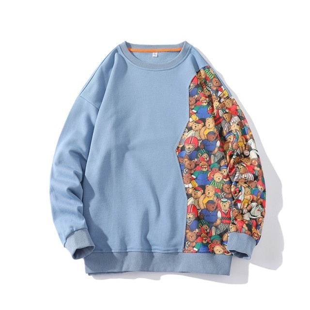 Cartoon Bear Patchwork Pullover Sweater