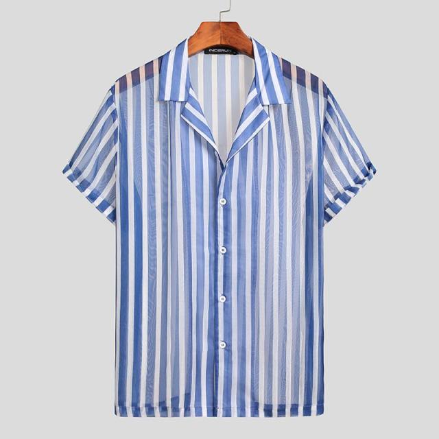 Blue and White Striped See Through Shirt