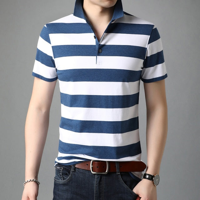 Two-Toned Solid Big Horizontal Striped Polo Shirt