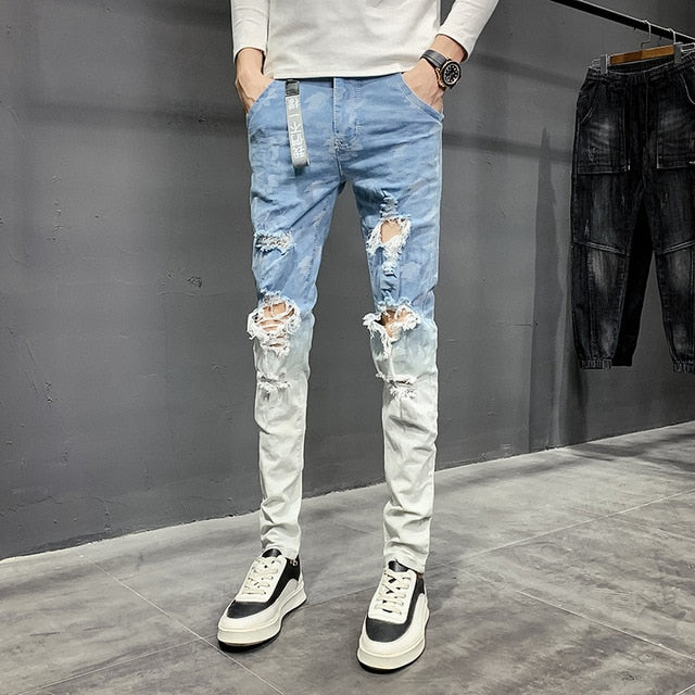 Korean Ripped Mixed Color Patchwork Jeans