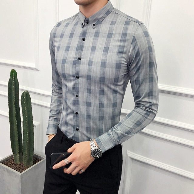 Simple Lattice Print Business Formal Style Men Long Sleeve Shirts