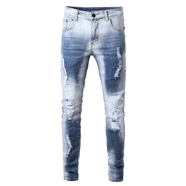 Distressed Light Blue Slim Casual Casual Style Men Jeans