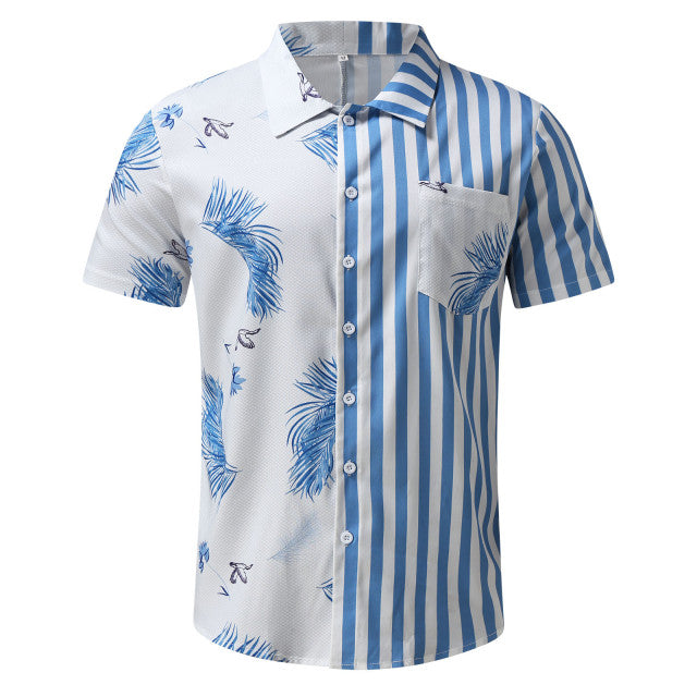 Printed Striped And Feather Short Sleeve Shirt