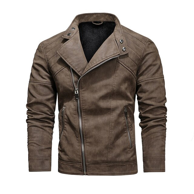 Solid Side Zipper Leather Jacket