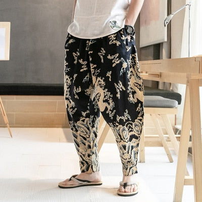 Chinese Dragon Print Wide Leg Japanese Streetwear Style Men Joggers Pants - FanFreakz