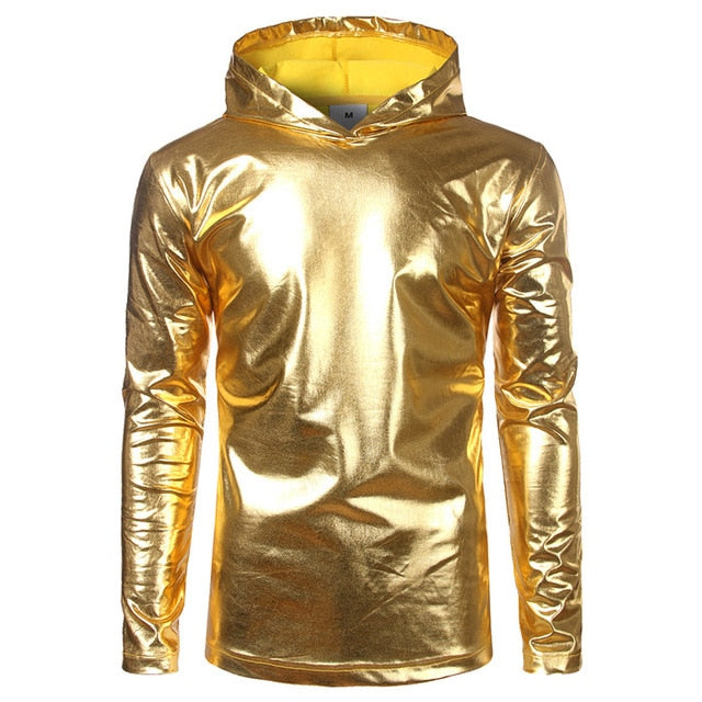 Shiny Coated Metallic Thin Hoodie Top Casual Men Sweatshirt