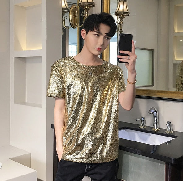 Full Metallic Sequins Men Short Sleeve T-shirt