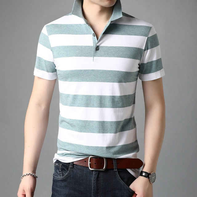 Two-Toned Solid Big Horizontal Striped Polo Shirt