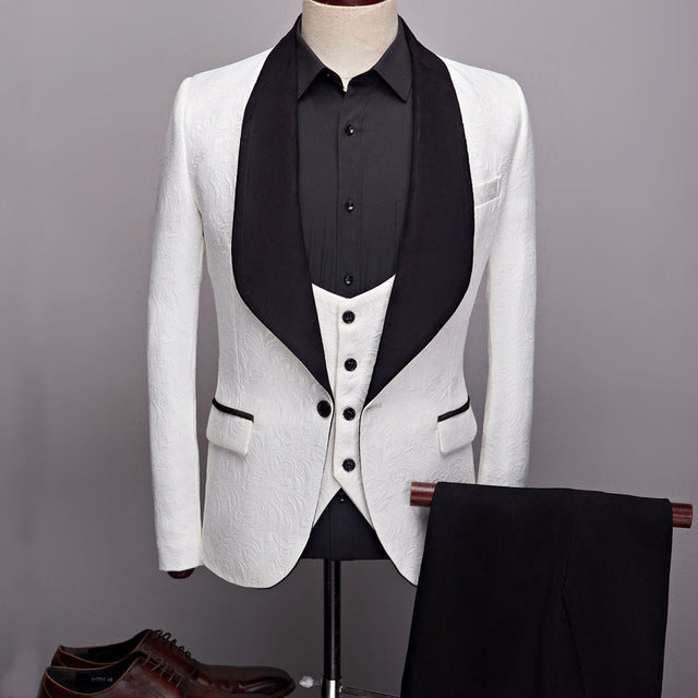 Big Shawl Lapel Jacquard Men Dress Suit Complete Set Blazer, Vest, and Pant - FanFreakz