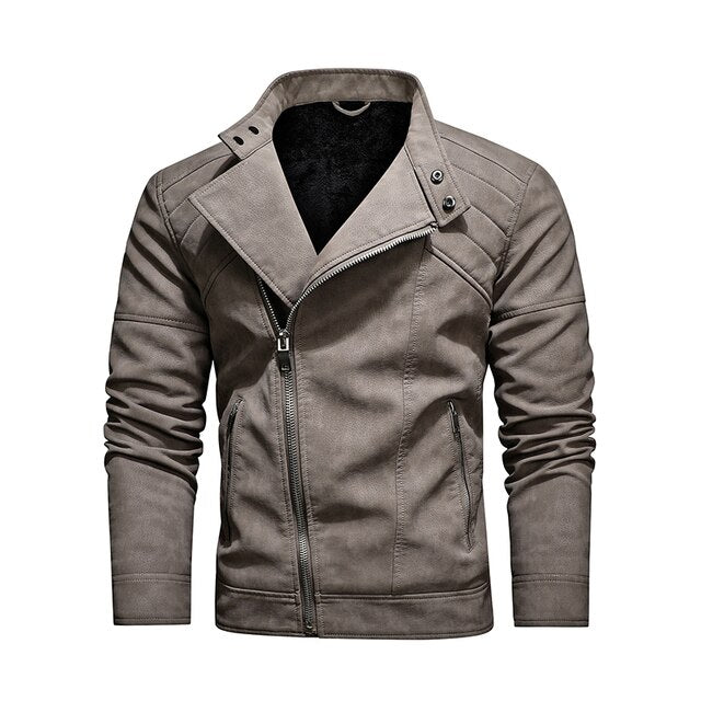 Solid Side Zipper Leather Jacket