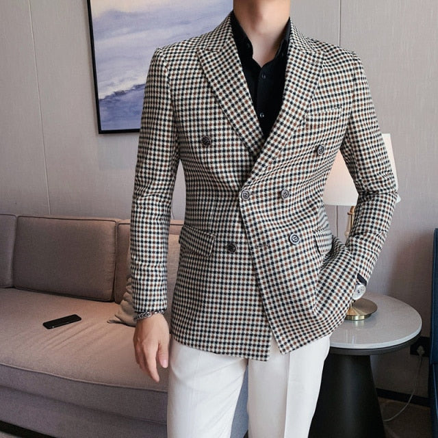 Geometric Plaid Peak Lapel Style Blazer