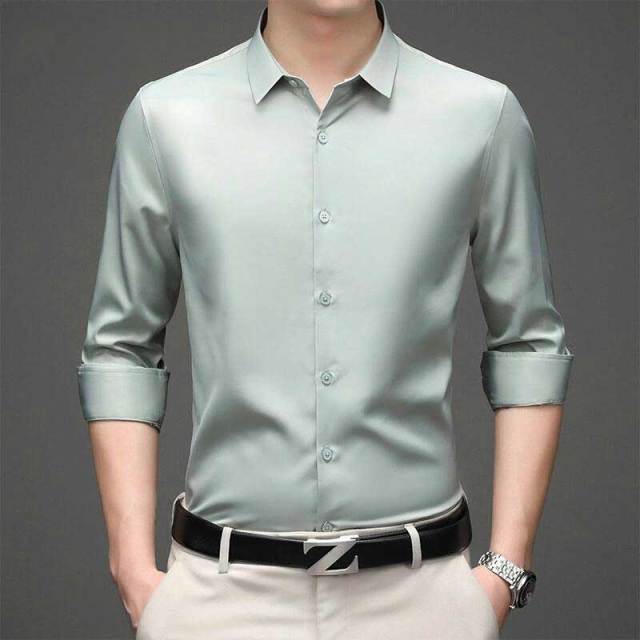 Solid Polyester Turn-Down Collar Men's Shirt