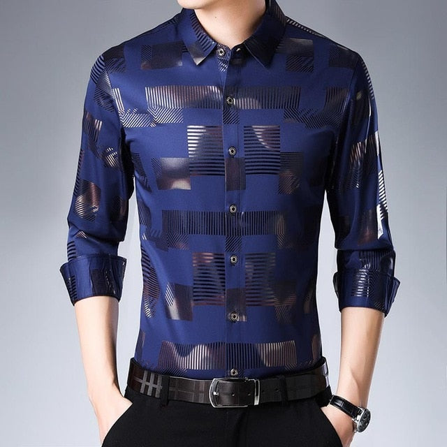 Plaid Stripe Shiny Men Semi Formal Slim Shirt