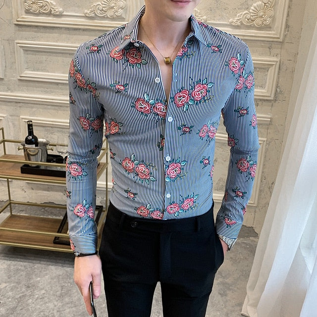 Striped Flower Print Slim Fit Long Sleeves Style Men Shirts