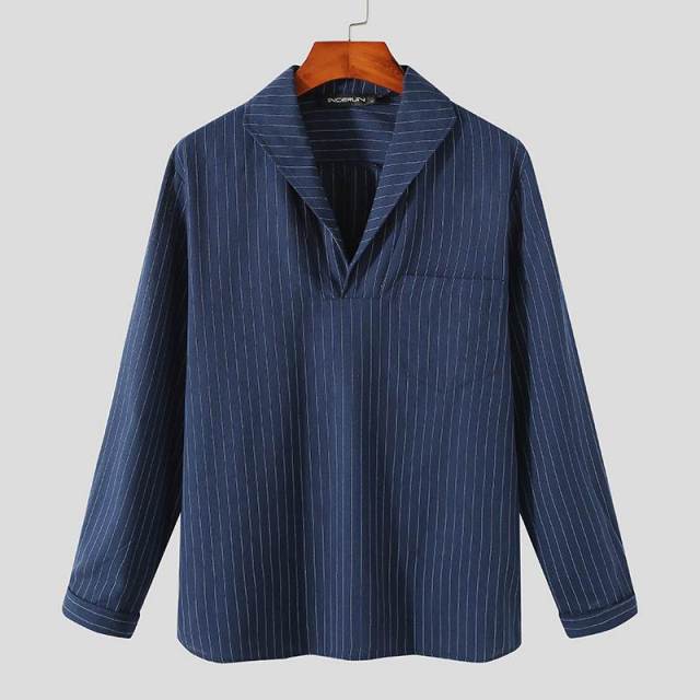 Striped V-Neck Cotton Polyester Men Shirts