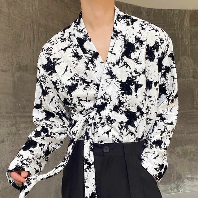 Black White Abstract Side Tied Shirt