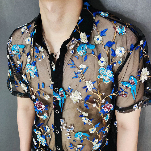 Blue Floral Embroidery See-Through Shirt