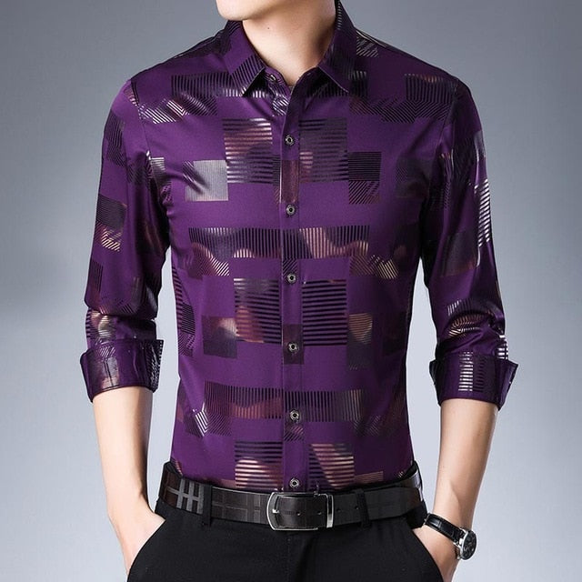 Plaid Stripe Shiny Men Semi Formal Slim Shirt