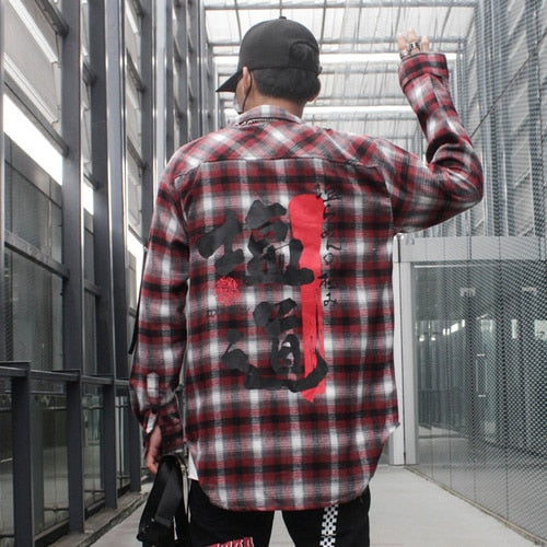 Oversized Plaid Printed Chinese Letters Men Shirt