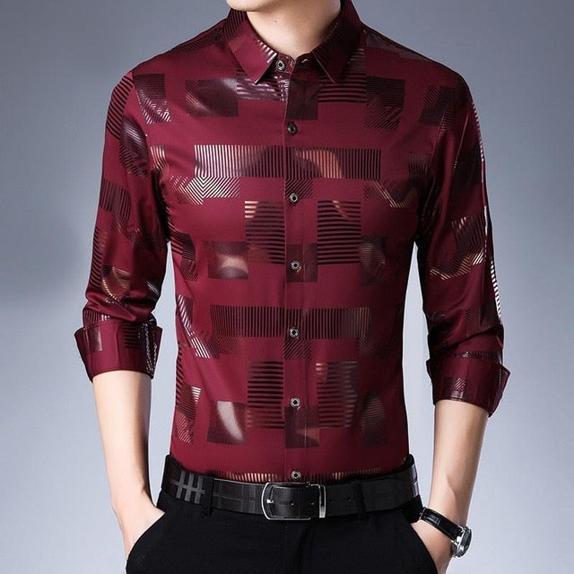 Plaid Stripe Shiny Men Semi Formal Slim Shirt