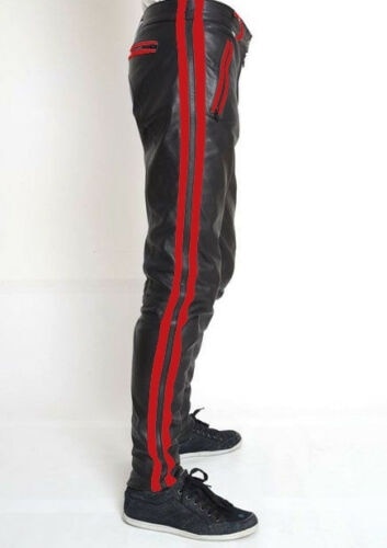 Faux Leather Side Colored Stripe Black Pants