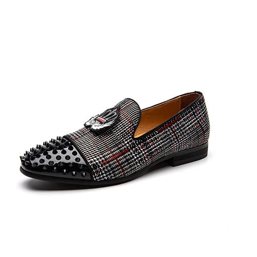 Black Spikes Rivets with Patched Ornament Detail Men Loafers Shoes - FanFreakz