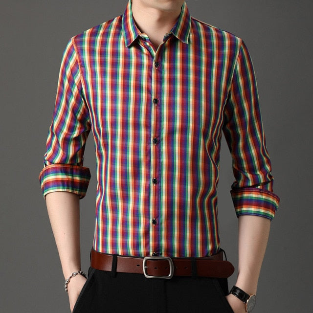 Semi Plaid Rainbow Stripe Patterned Shirt