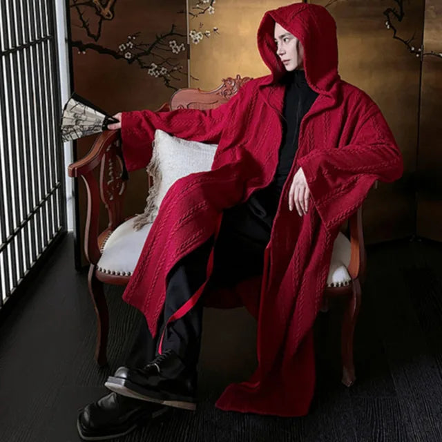 Red Color Knit Hooded Coat