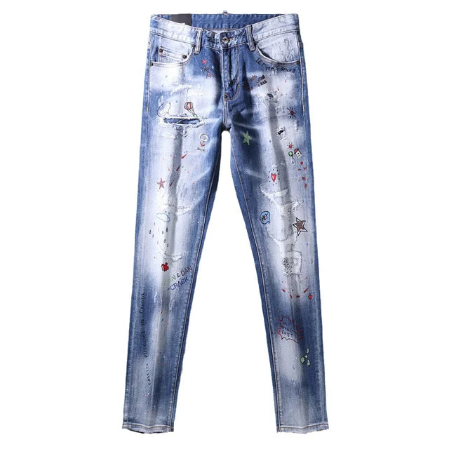 Ripped Rhinestone Decoration Slim Fit Jeans