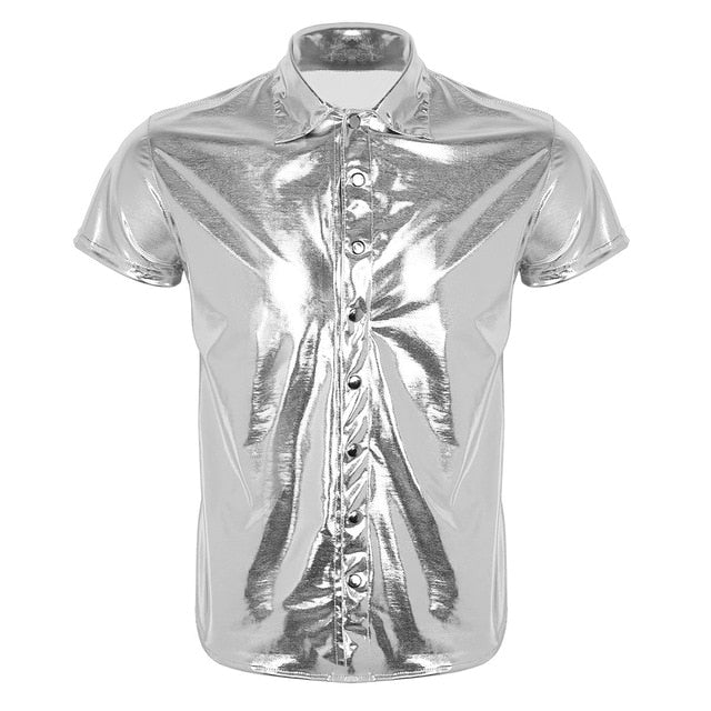 Silver Black Sexy Shine Metallic Short Sleeve Solid Casual Style Men Shirts