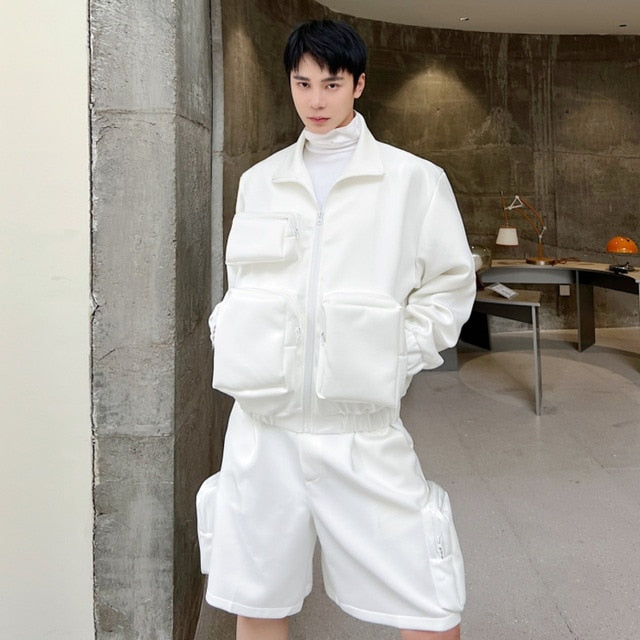 Solid 3D Large Pocket Jacket Short Set