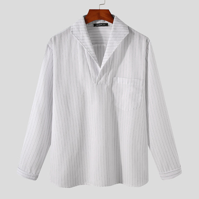 Striped V-Neck Cotton Polyester Men Shirts