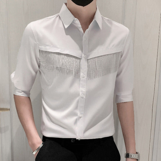 Chain Decoration Half Sleeve Cotton Shirt