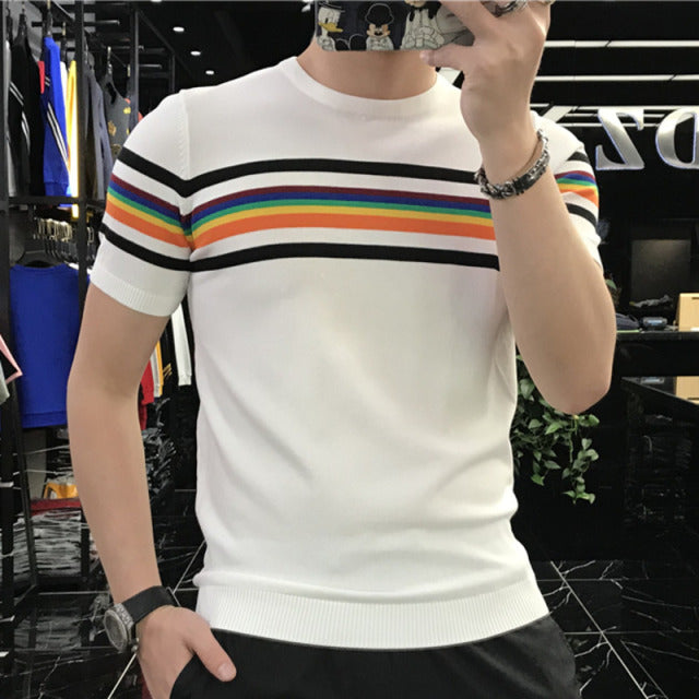 Colorful Stripe Printed Polyester T-Shirt