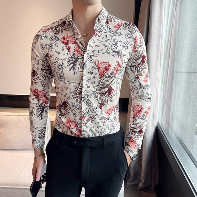 White Floral Pattern Long Sleeve Shirt