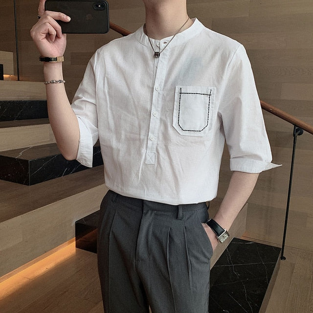 Solid Half-Sleeved Stand Collared Shirts