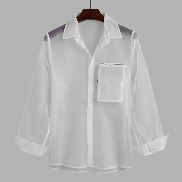 Zipped Pocket Decorated See Through Shirt