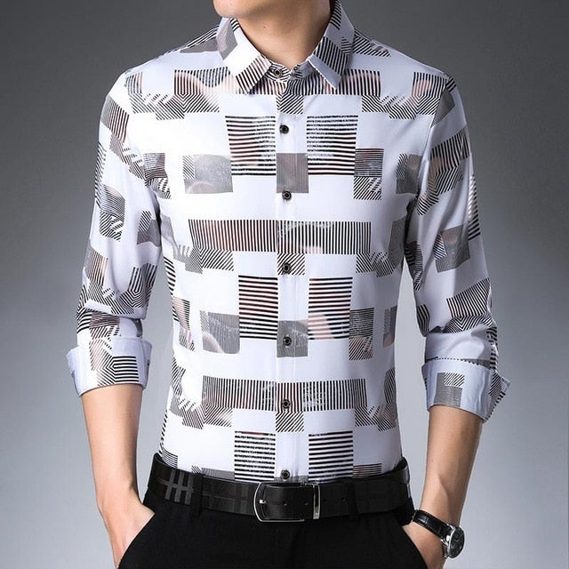 Plaid Stripe Shiny Men Semi Formal Slim Shirt