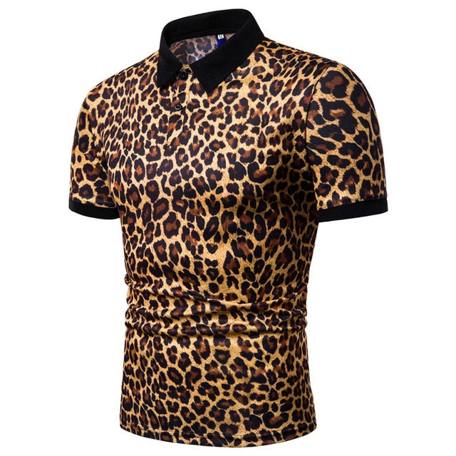 Leopard Printed Short Sleeve Men Polo Shirt