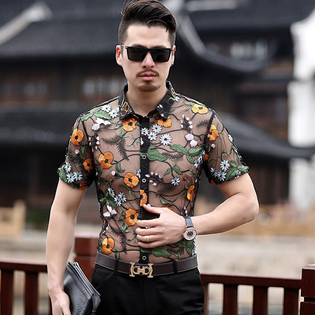 Orange Flower Embroidery See Through Men Short Sleeve Slim Fit Shirt - FanFreakz