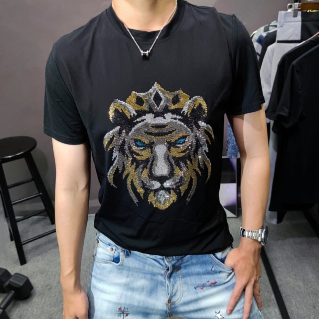 Crowned Lion Head Rhinestone Decorated T-Shirt