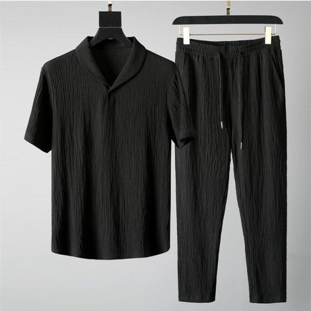 Solid V-Neck Polyester Pants Set