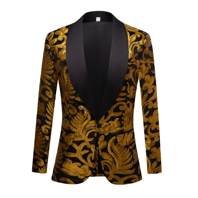 Gold Sequin Glitter Embellished Suit Blazer 2 Set