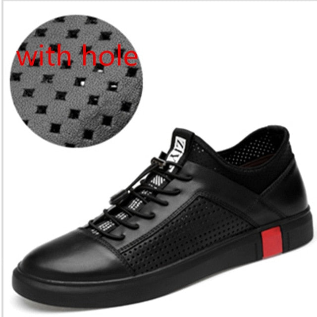 Black Genuine Leather Lace Up Breathable Men Sneakers - FanFreakz