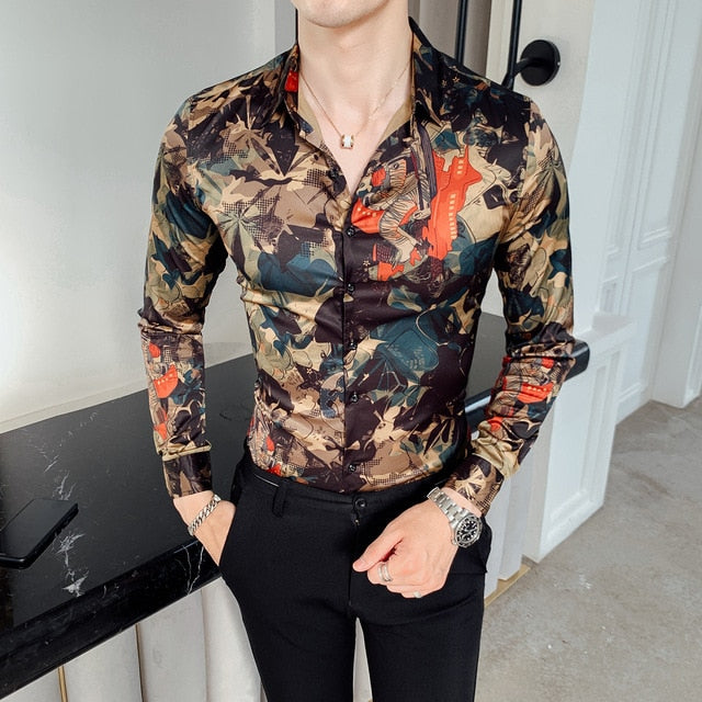 Leaf Print Vintage Slim Fit Style Men Long Sleeves Shirts