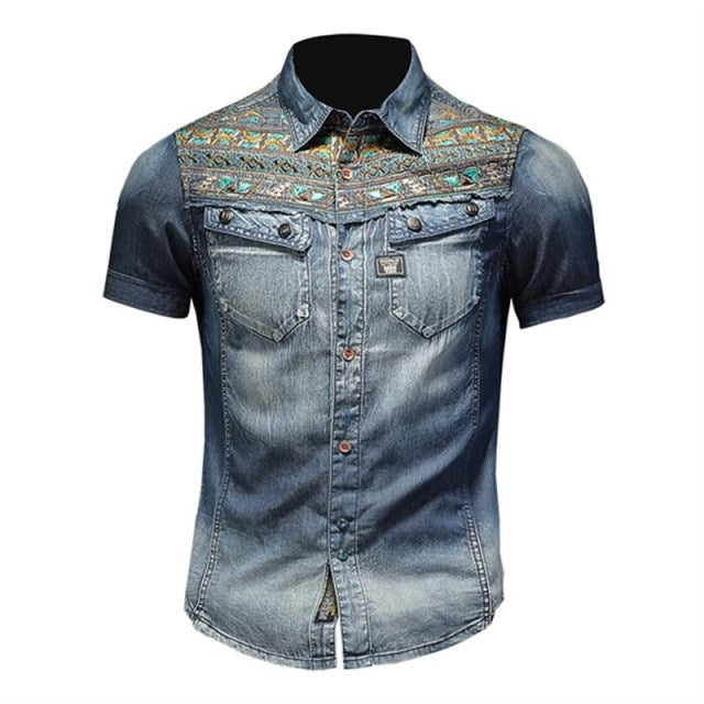 Shoulder Embroidery Patchwork Decorated Shirt